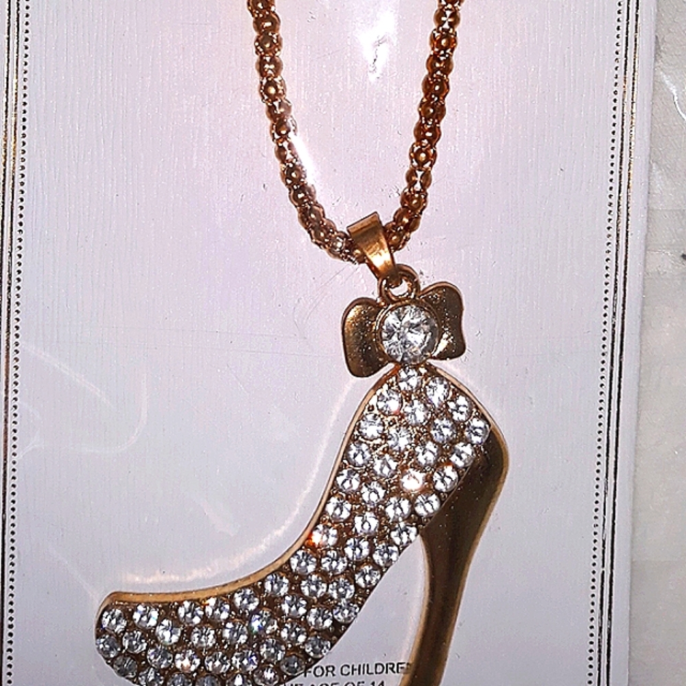 NEW Gold High Heel Crystal Pendant Necklace Rhinestone 20"-24" Adj chain.NWT